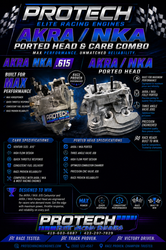 Promotional graphic for a Protech Elite Racing Engines Akra/NKA Ported Head and Carb Combo kit, featuring detailed specifications, technical icons, and high-quality renderings of the engine components on a dark blue and black background.