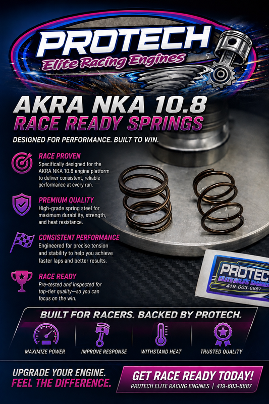 Advertisement for Protech Elite Racing Engines AKRA NKA 10.8 race-ready springs with product details and branding.