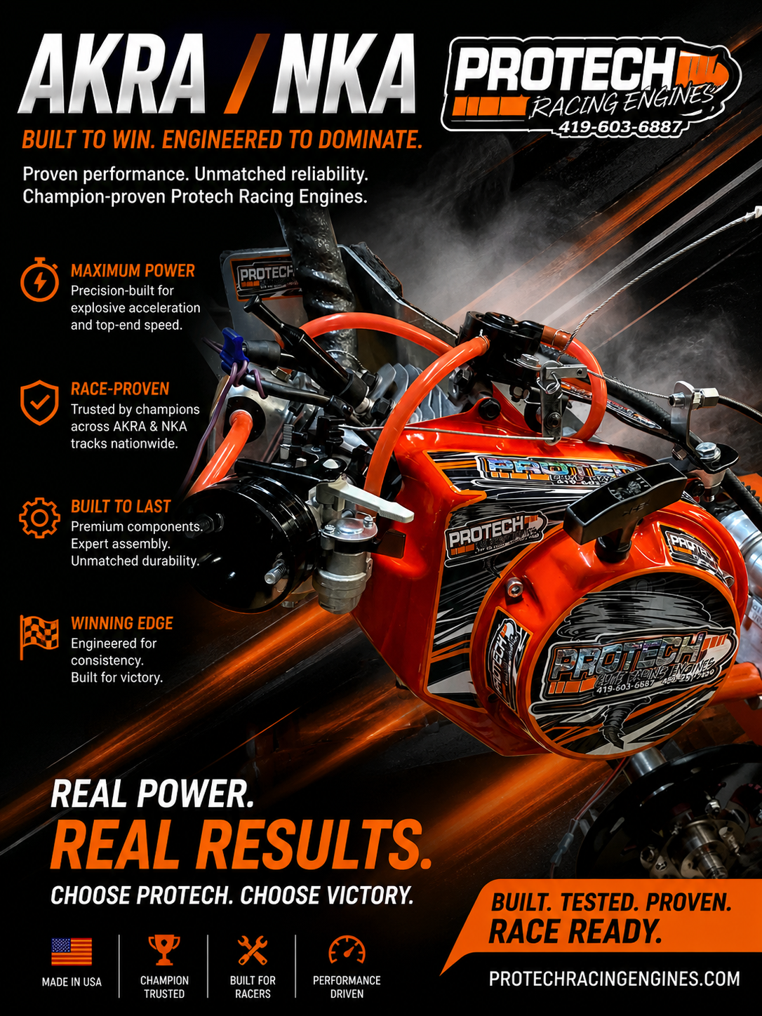 Protech racing akra nka engines advertisement with text and branding